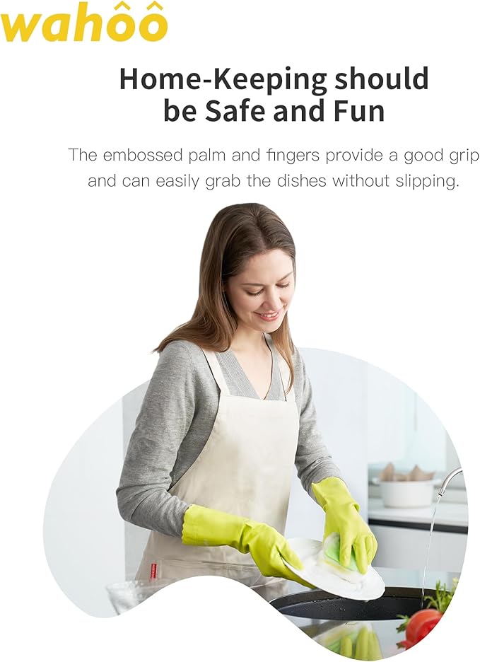 wahoo Skin-Friendly Cleaning Gloves, Cotton Flocked Lined Dishwashing Gloves, Reusable, Non-Slip, Waterproof, Bud Tender, Medium