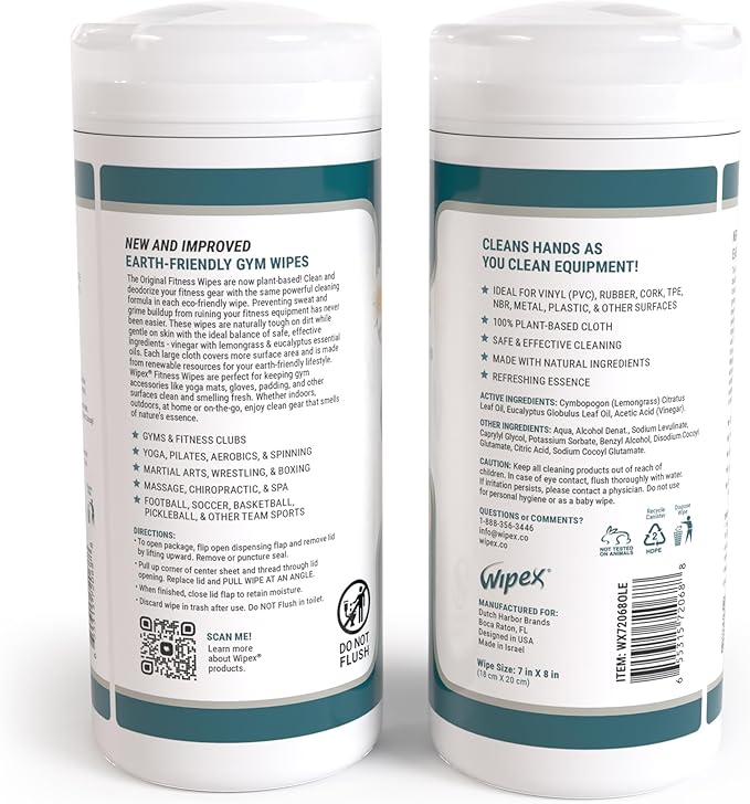 Wipex Original Fitness Equipment Wipes - Natural Plant Based Gym Wipes, Clean Surfaces at Home or Gym, Use as a Yoga Mat Cleaner, Peloton Cleaners - Lemongrass & Vinegar, 50 Count (Pack of 3)