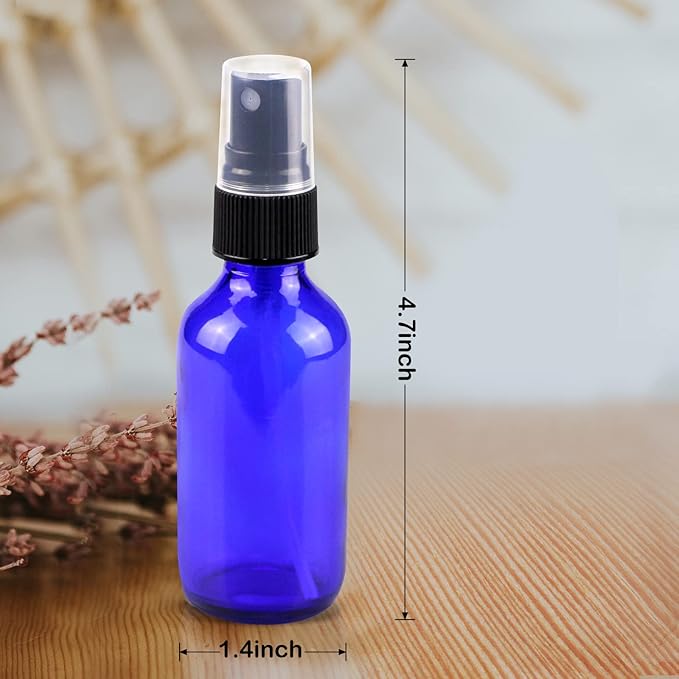 Wedama Glass Spray Bottles, Mini Spray Bottles 2 oz, Empty Small Spray Bottles with Funnel Dropper, Fine Mist for Hair, Travel, Plants, Cleaning Solutions and Skin Care (4 Pack Blue)