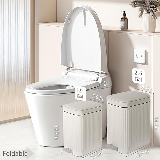 rejomiik Small Bathroom Trash Can with Lid 1.9 Gallon Step Trash Can Slim Garbage Can with Soft-Close Waste Bin for Bathroom, Bedroom, Office, Dorm, RV, Off-White