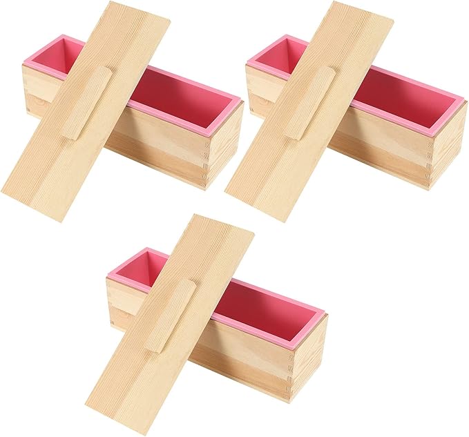 JEUIHAU 3 Set 42 oz Silicone Soap Loaf Mold, Flexible Rectangular Silicone Soap Mold with Wood Box and Cover for Making Soap Cake Chocolate