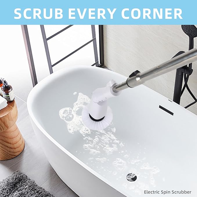 Electric Spin Scrubber,2025 Electric Scrubber for Cleaning,Power Scrubber with Adjustable Long Handle,3 Spin Speeds,Power Scrubber,Shower Cleaning Brush,White