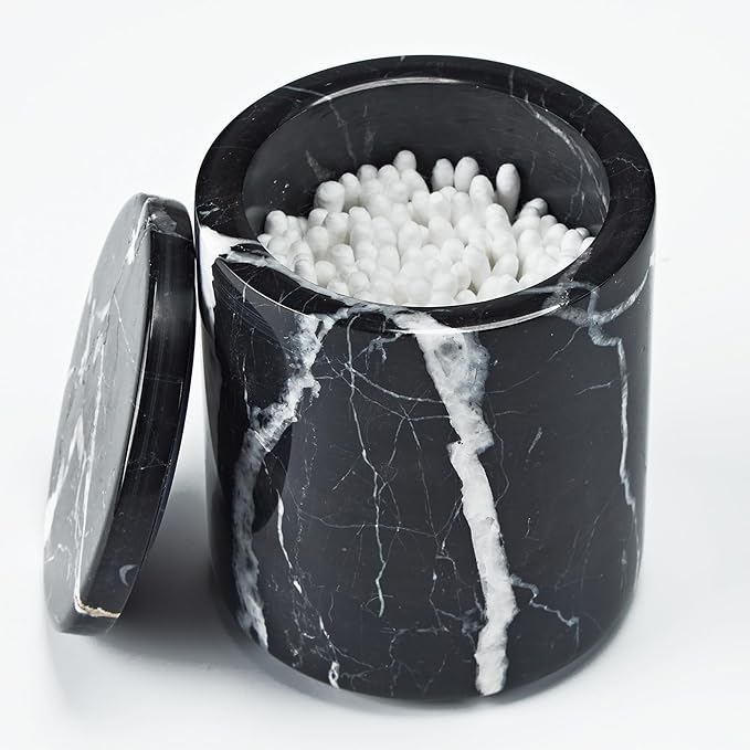 Black Marble Canister with Lid, Natural Marble Bathroom Qtip Holder Storage, 3.75 Inch Dia x 4.5 Inch Ht High Capacity Damp Proof Container for Cotton Swabs, Jewery, Bathroom Bath Salt
