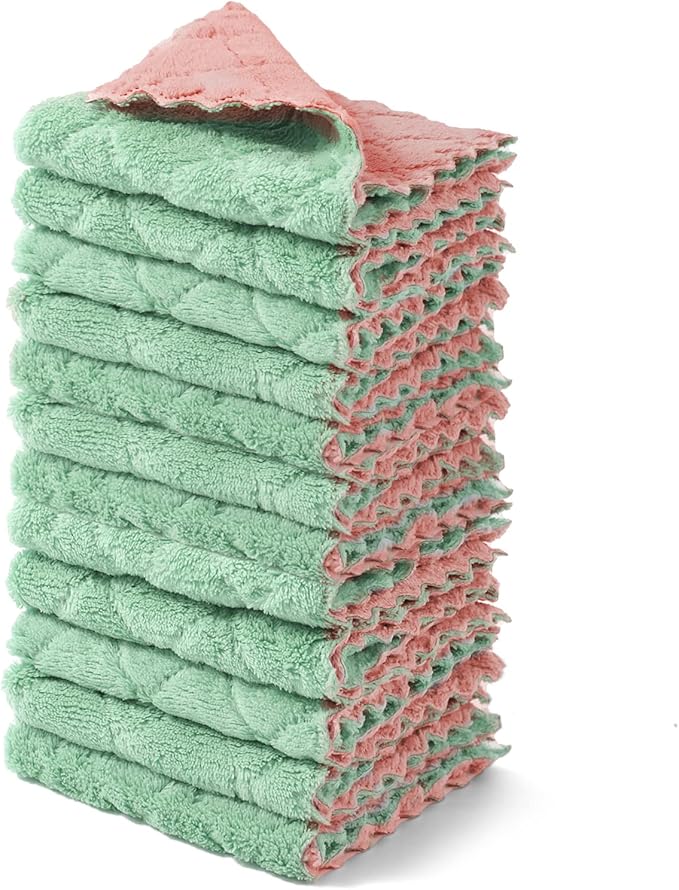 12 Pack Dish Towels, 10x10 in Premium Dish Cloths, Super Absorbent Kitchen Towels Coral Velvet Dishcloths Nonstick Oil Fast Drying Washcloths (Pink-Green)