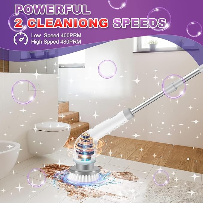 Electric Spin Scrubber, 7 Replaceable Brush Heads, 1.5H Bathroom Scrubber Dual Speed & Adjustable Extension Arm, Cordless Household Cleaning Brush for Bathroom Tub Tile Floor