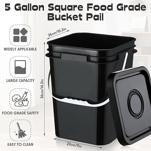 Vesici 12 Pcs Black 5 Gallon Square Bucket Pail with Plastic Handle and Lid Heavy Duty Storage Food Container with DIY Label Sticker for Food Multipurpose Paint Water Art Crafts Project