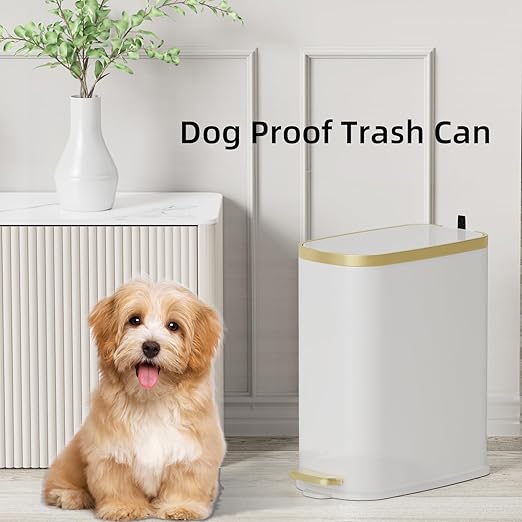 KUK Small Bathroom Trash Can with Lid Soft Close, Step Pedal, 2.4 Gal Stainless Steel Garbage Can with Removable Inner Bucket, Anti-Fingerprint Wastebasket for Office, Bedroom, Toilet (White)
