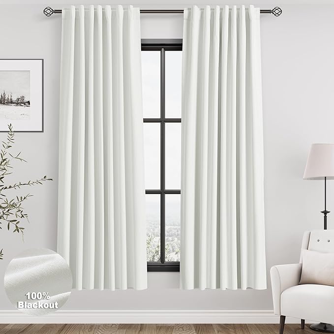 Nanspring Ivory Linen 100% Blackout Curtains 2 Panels Set Back Tab Rod Pocket Thermal Insulated Textured Black Out Curtains for Bedroom Living Room 52x72
