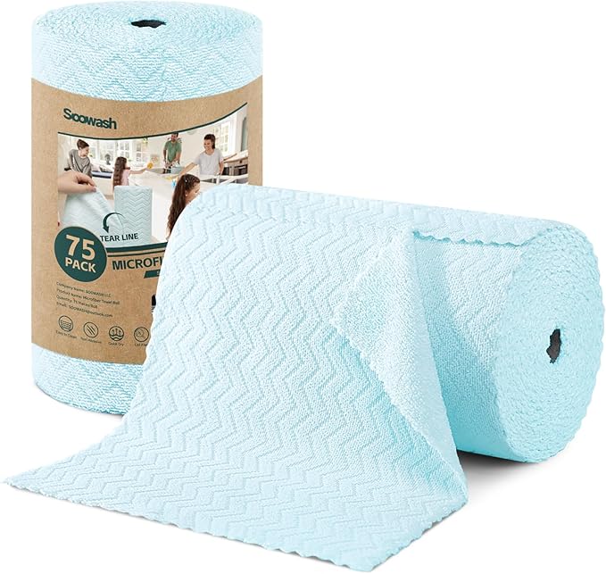 Microfiber Cleaning Cloths Roll, 75 Pack Tear Away Microfiber Towels Roll, 12" x 12" Lint Free Rags, Reusable Cleaning Cloths, Washable, Scratch Free,Ultra Absorbent Dish Rags(Blue Ripple)