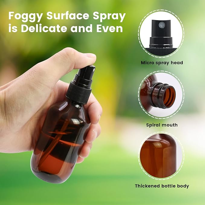 TRENDBOX 24 Pack 3.4oz Amber Spray Bottles, Small Fine Mist Mister Plastic Travel Bottles, Empty Bottles Set for Essential Oils Hair