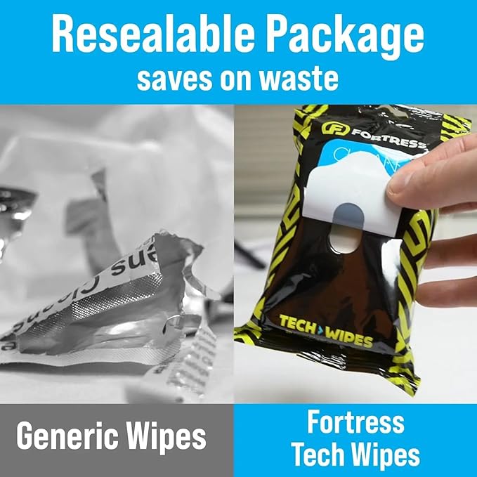 Fortress Electronic Wipes With Microfiber Cloth (25 ct, Pack of 6) To-Go Tech Wipes for Screens, Phones, Keyboards, TV Monitors, Computer Screens, and More [Travel Size] Skin-Safe