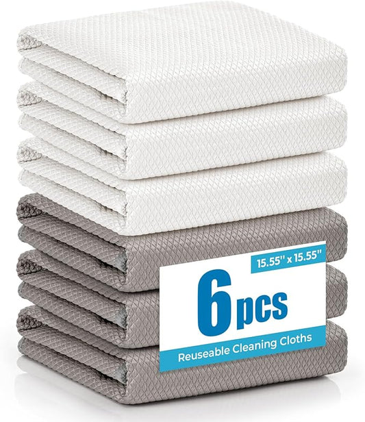 Nanoscale Microfiber Cloths 15.55”x 15.55”, Glass Window Mirror Stainless Steel Car Cleaning, Streak-Free, Lint-Free, Super Thick & Absorbent, Reusable, 6 Pack (White/Gray)