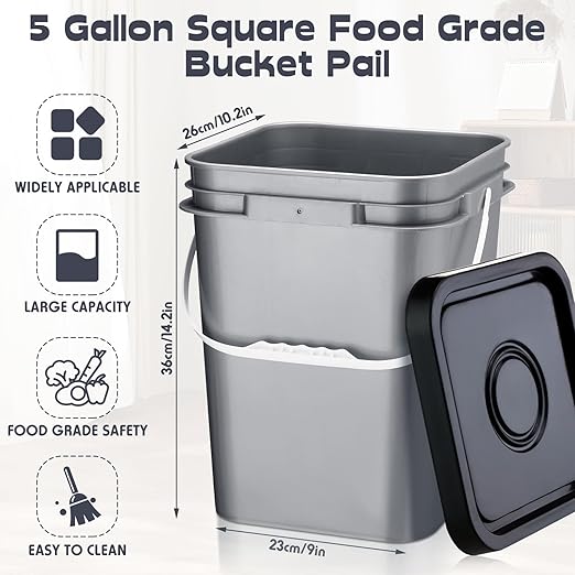 Vesici 12 Pcs 5 Gallon Square Bucket Pail with Plastic Handle and Lid Heavy Duty Storage Food Container with DIY Label Sticker for Food Multipurpose Paint Water Crafts Project(Gray)