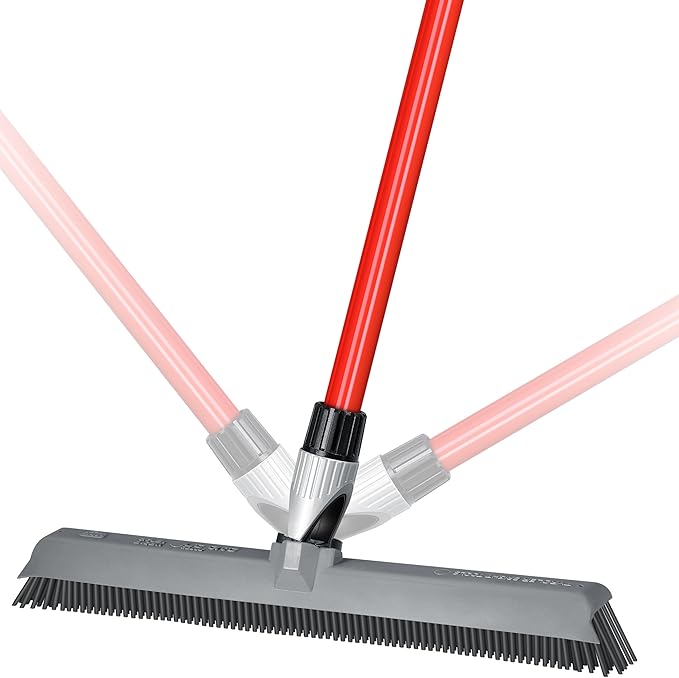 2-in-1 Silicone Rubber Broom Carpet Rake and Squeegee - Swivel Pet Hair Removal Broom with 1 Piece Long Handle - Slanted Side Bristles for Corners - Multipurpose Broom for Carpet, Hardwood Floor, Tile