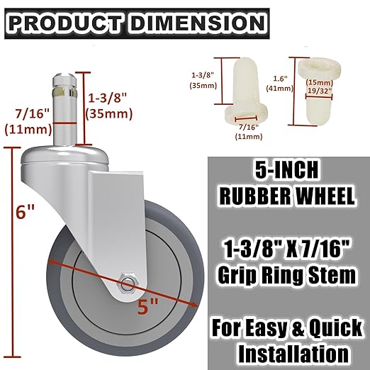 5-Inch Swivel Caster Wheels, 7/16-Inch Stem Diameter Rubber Wheel, Heavy Duty TPR Thermoplastic Rubber Replacement Wheels, 225-lb per Wheel- 4 Pack