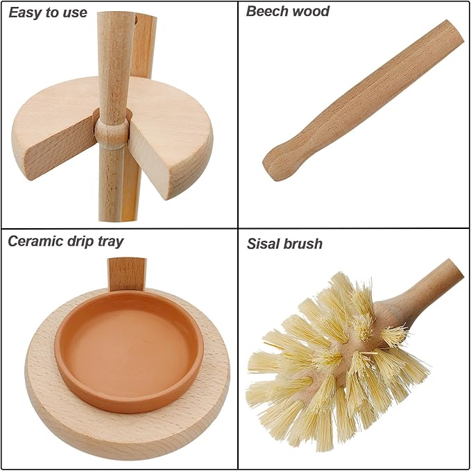 Wood Toilet Brush and Holder Set, Beechwood Toilet Bowl Cleaner Brush for Bathroom, Sisal Bristles Toilet Scrubber with Stand