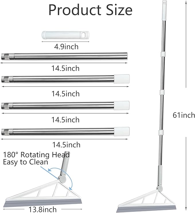 Multifunction Magic Silicone Broom Sweeper, Rubber Household Squeegee Push Broom with 61" Long Handle for Cleaning Indoor Smooth Floor Bathroom Kitchen Glass Shower Water Pet Hair, Grey