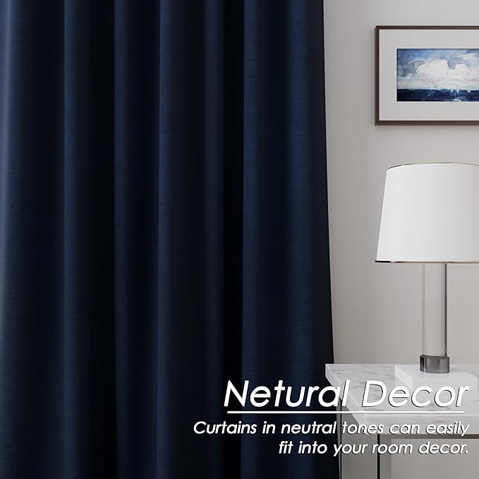 100% Blackout Linen Curtains 92 Inch Length 2 Panels for Living Room Loop Pocket Pinch Pleated Black Out Drapes Navy Blue Heat Reducing Total Blackout Window Curtain for Boy Man Bedroom 90 Inches