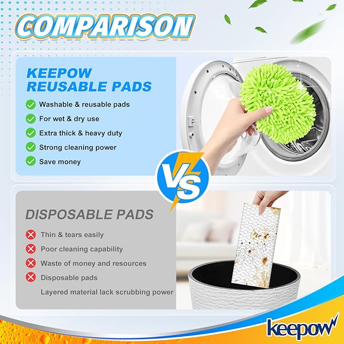 KEEPOW Reusable Microfiber Mop Pads Compatible with Swiffer Sweeper & Mop Deluxe 2-in-1, Wet & Dry Mopping Cloths for All Floors, Compatible with Swiffer Dry Sweeping Cloths for Cleaning (4 Pack)