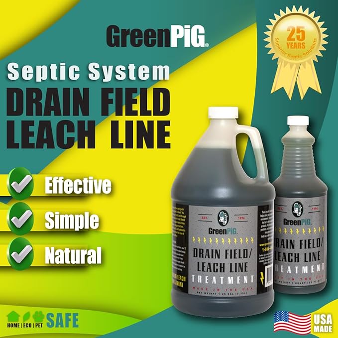 GREEN PIG Drain Field Cleaner, Septic Safe Drain Clog Remover, Treatment for Quickly Clearing Leach Field System Clogs, Back-Ups, and Foul Odors in Septic Tank Systems, 1 Quart