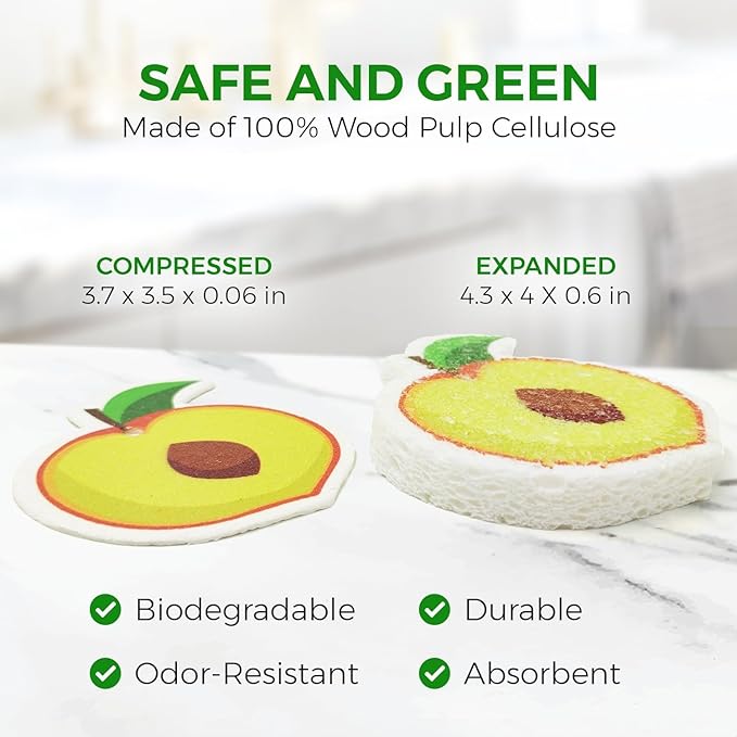 Biodegradable Cellulose Compressed Sponges Bulk - Fruit Shaped Kitchen Pack of 8 - Eco Friendly, Odor Free, Natural, Pop Up Compostable Scrubbers for Washing Dishes