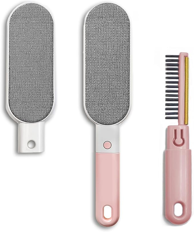 VrythosNex 4-in-1 Pet Hair Remover for Couch, Car, Furniture - Portable Dog Cat Fur Hair Removal Tool with Detachable Brush, Lint Brush, Fabric Shaver, Crevice Tool (Pink)