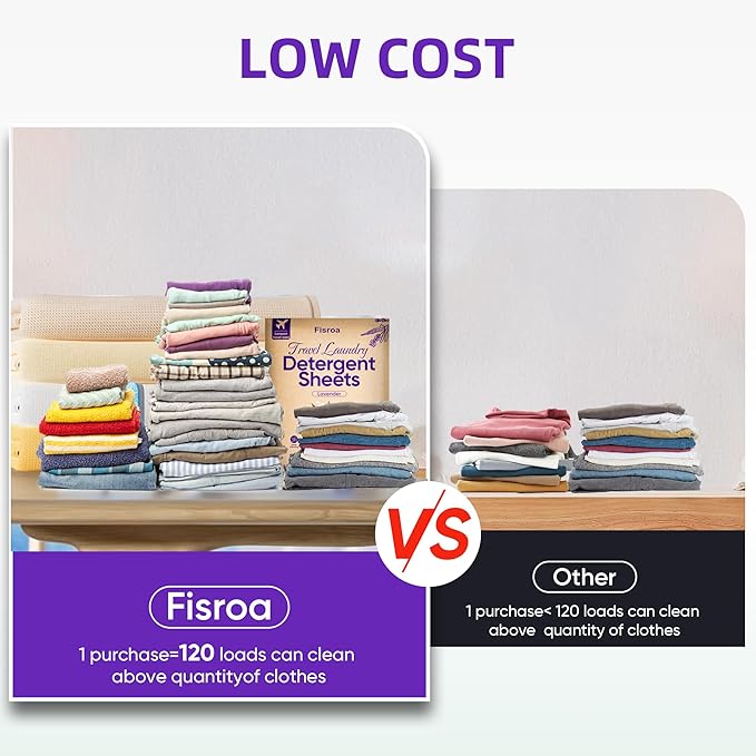 Travel Laundry Detergent Sheets Eco-friendly 120 Loads Fisroa Clothes Washing Detergent Sheets Plastic-Free Washer Strips, Lavender Liquidless Laundry Sheets Strips