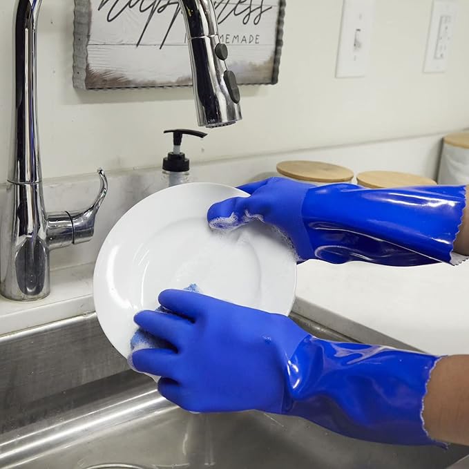 2 Pairs Rubber Household Cleaning Gloves for Kitchen Dishwashing, Cotton Lined (Blue)