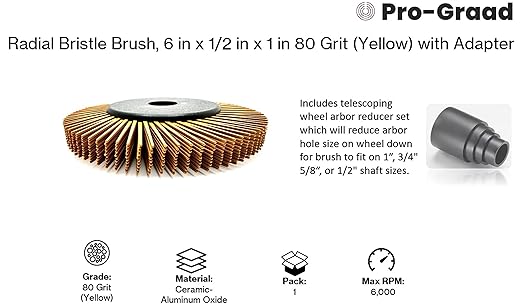 Radial Bristle Brush, 6 in x 1/2 in x 1 in 80 Grit (Yellow) with Adapter (Pack of 1)