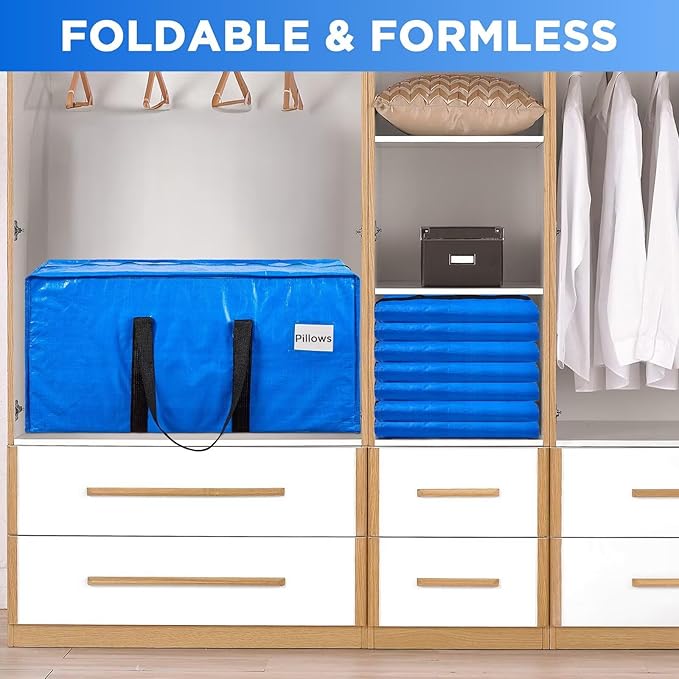 Extra Large Moving Bags Heavy Duty Storage Bags with Zipper Handles, BETU 8 Pack Clothes Storage Totes Bins Packing Moving Boxes, Moving Supplies for College Dorm Essentials, Space Saving, Blue