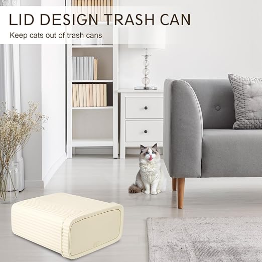 UUJOLY Small Bathroom Trash Can with Lid Slim Wastebasket Garbage Can Plastic Container Basket Trash Bin for Kitchen, Laundry Room, Office, Kids Room, Dorm, Beige, 3.2 Gallon