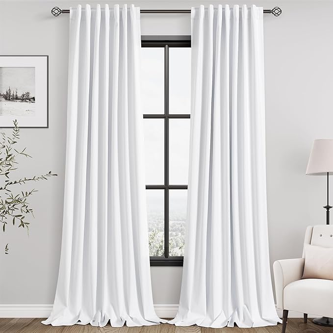White Linen Blackout Curtains, 120 Inch Length 2 Panels Set Burg Extra Long 10 Ft Back Tab Pocket Drapes Cotton Textured Total Sun Blocking Curtains for Living Room Cottage High Window Pure White