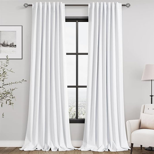 Full Blackout Linen White Curtains 95 Inches Long for Living Room, Patio Sliding Door Back Tab 100% Black Out Bedroom Curtains Pure White Boho Elegant Modern Cosatal Window Curtain Panels Set of 2