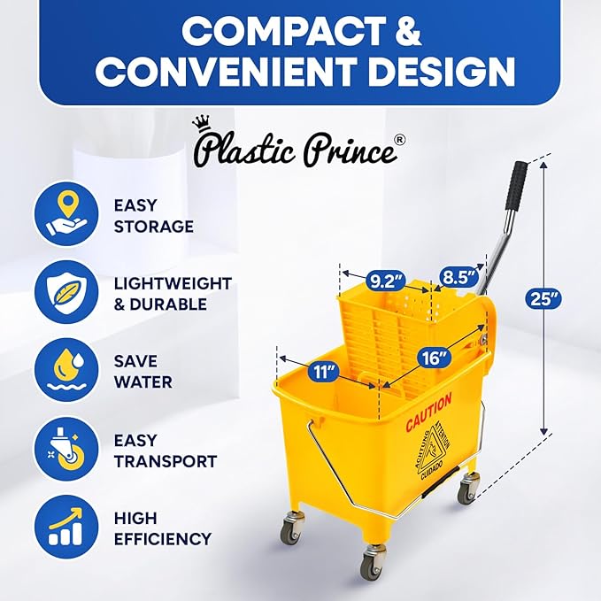 Commercial Mop Bucket with Wringer on Wheels Small 5 Gallon, Heavy Duty Dual Chamber Industrial Mop Bucket Separate Dirty Water, Perfect for Business Household, 20 Quart Yellow