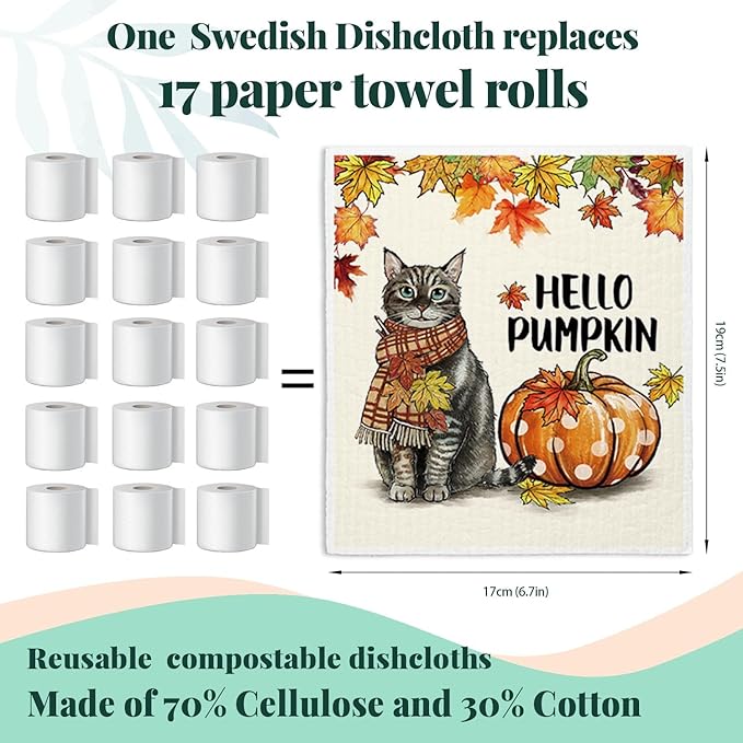 Fall Cat Swedish Dishcloths for Kitchen Cloths Towels, Cute Cat Vintage Autumn Pumpkin Maple Leaves Gifts Set 4 Pack Dish Cloths for Kitchen, Papaya Reusable Cleaning Paper Towels Washable