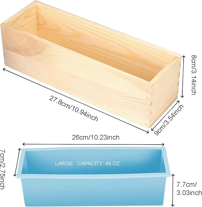 ZOENHOU 4 PCS 42oz Blue Soap Molds with 4 Wooden Lids, Flexible Rectangular Silicone Soap Making Molds Kit with Wood Box DIY Tool Set for Soap Making Supplies