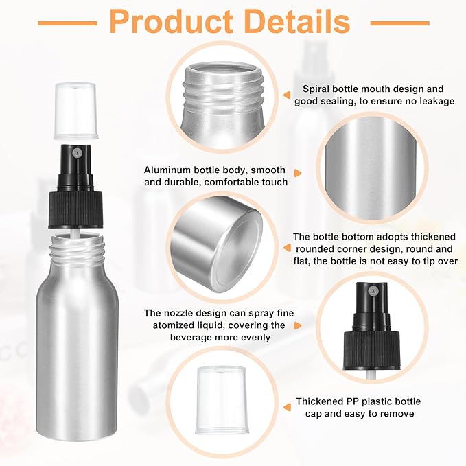 HARFINGTON Aluminum Fine Mist Spray Bottles 50ml/1.7oz Metal Small Liquid Alcohol Refillable Travel Container with Black Plastic Nozzle Cap for Perfume Skincare Cosmetic Storage Bottle