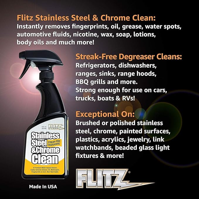 Flitz Stainless Steel & Chrome Clean - 16oz Bottle, USA-Made Stainless Steel Cleaner Spray for Appliances - Grill, Fridge, Sink Stain Remover - Also Works on Aluminum Surfaces (3 Pack)