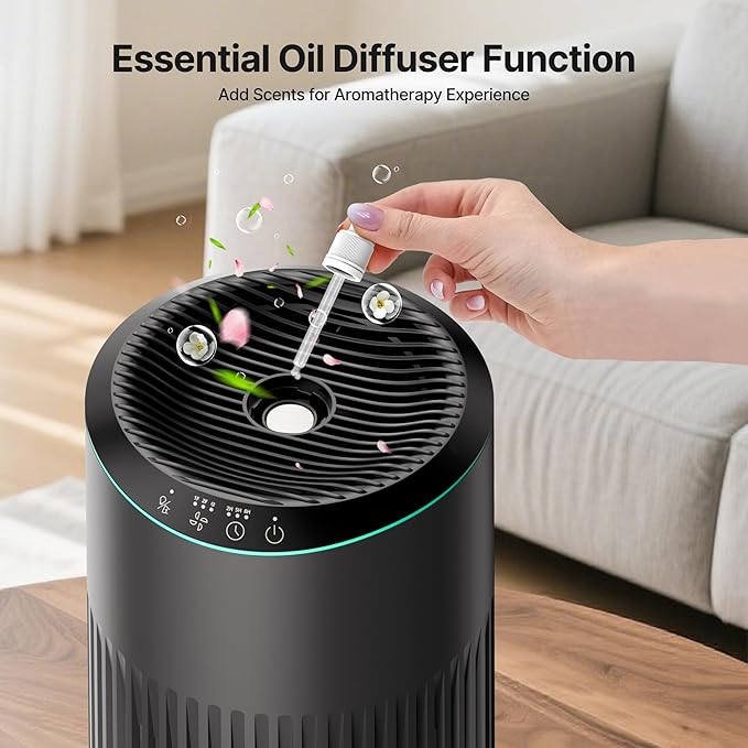 Air Purifiers for Bedroom Home, Air Purifier for Smoke Odors with Fragrance Sponge, Small Air Purifier with Sleep Mode for Bedroom Office, Blue Night Light, Grey, 1 Pack+3 Modes
