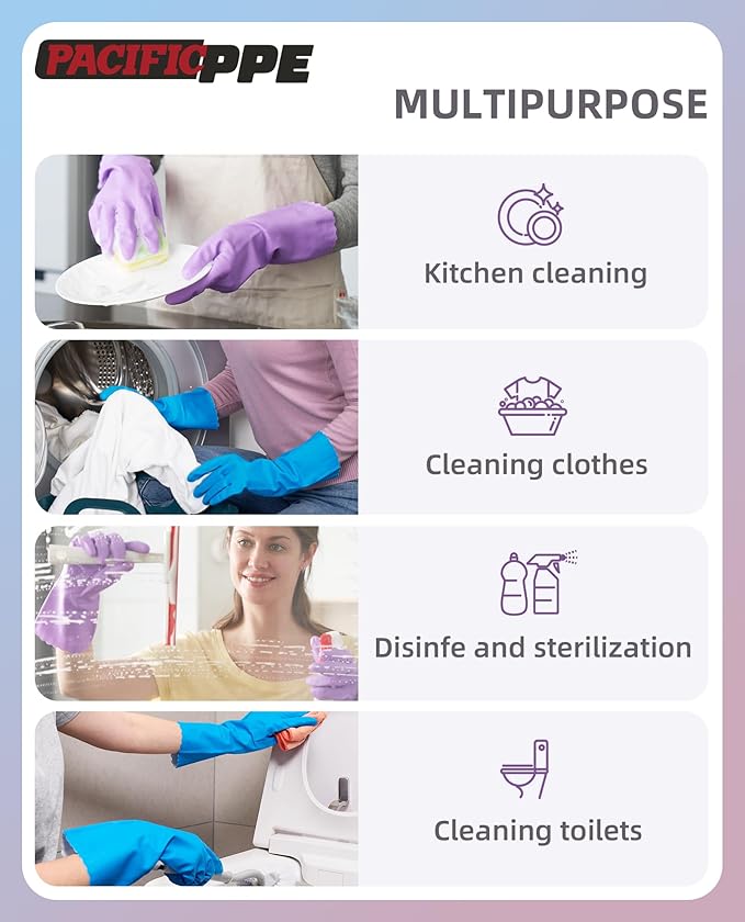 PACIFIC Cleaning Gloves with Latex free, Dishwashing Kitchen Gloves with Cotton Flocked Liner, Reusable, Non-Slip, Water Resistant Household Gloves, Blue, Medium