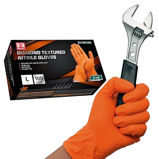 Jointown Basic Heavy Duty Nitrile Gloves, Mechanic Gloves 8 Mil Nitrile Disposable, with Raised Diamond Texture, Case of 100, Orange, Medium