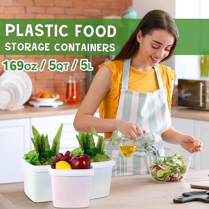 Mifoci 12 Pcs 5 Qt/ 169 Oz/ 5 L Plastic Food Containers, 1.24 Gallon Ice Cream Buckets with Lids and Handle Reusable Square Deli Containers Freezer and Microwave Safe for Kitchen Food Drinks Storage