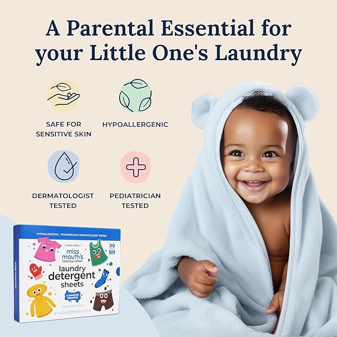 Miss Mouth's Messy Eater Laundry Detergent Sheets - Laundry Detergent, Hypoallergenic, Sensitive Skin Safe, Pediatrician and Dermatologist Tested, Fragrance Free, Travel Friendly, 120 loads