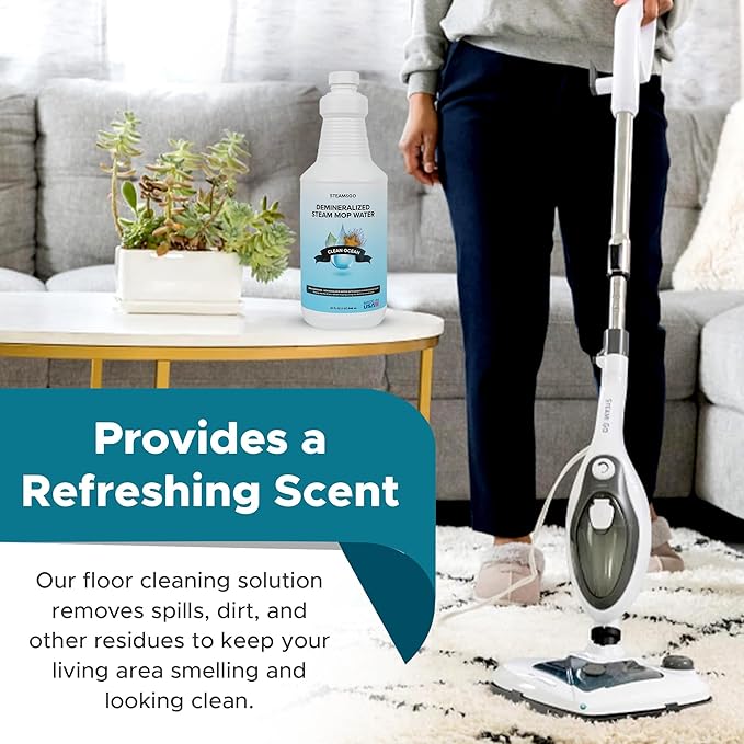 Steam & Go Demineralized Water - Multi-Surface Cleaner, PVC-Free Ready-to-Use for Mops & Floor Steamers - Ideal for Kitchen, Bathroom, & Home Surfaces - Clean Ocean Scent - 32oz (Pack of 12)