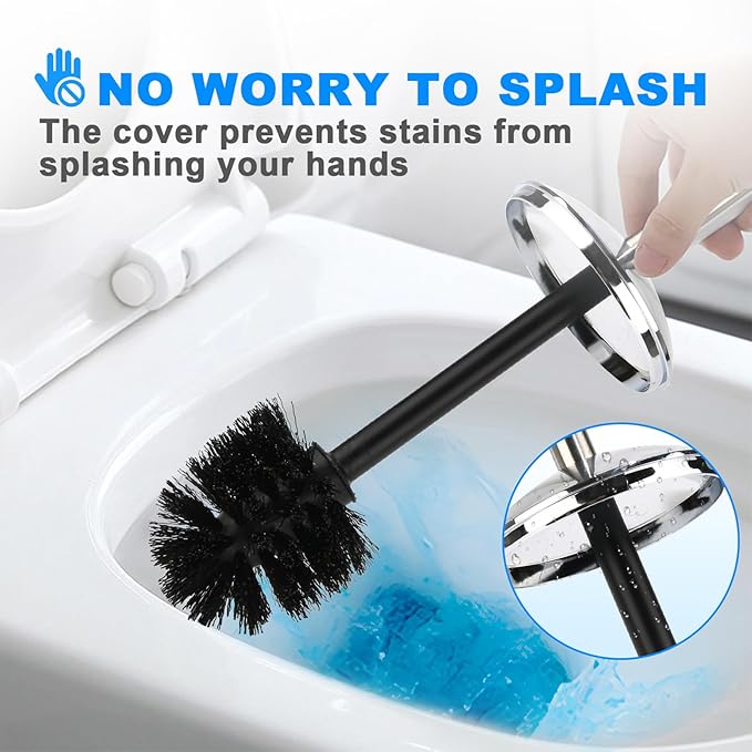 Black Toilet Brush and Holder Set, 2 Pack – Toilet Brush Black with Stainless Steel Handle, Non-Scratch Bristles, Compact and Drip-Free, Toilet Bowl Brush for Bathroom and Home Use