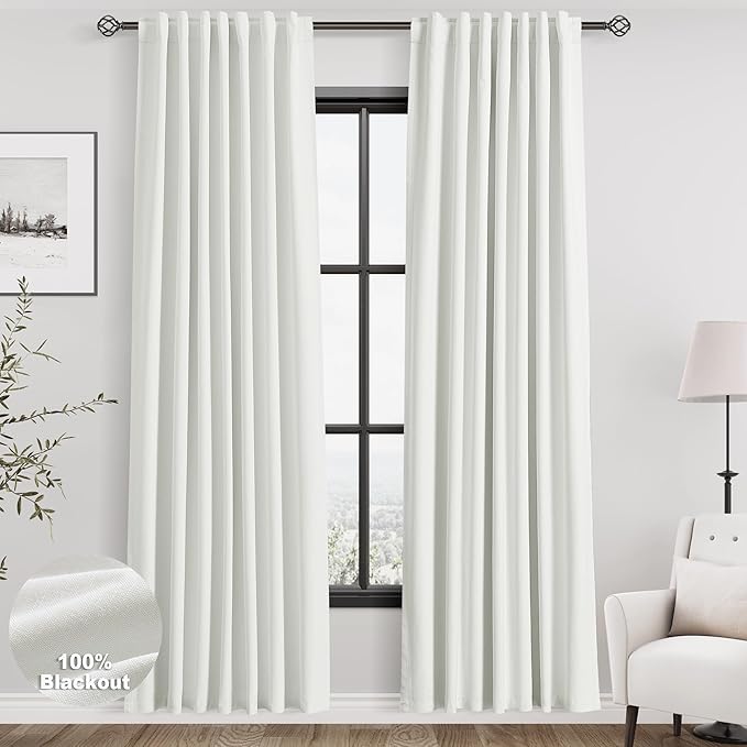 Nanspring Ivory Linen 100% Blackout Curtains 2 Panels Set Back Tab Rod Pocket Thermal Insulated Textured Black Out Curtains for Bedroom Living Room 52x78