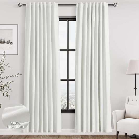 Nanspring Ivory Linen 100% Blackout Curtains 2 Panels Set Back Tab Rod Pocket Thermal Insulated Textured Black Out Curtains for Bedroom Living Room 52x78