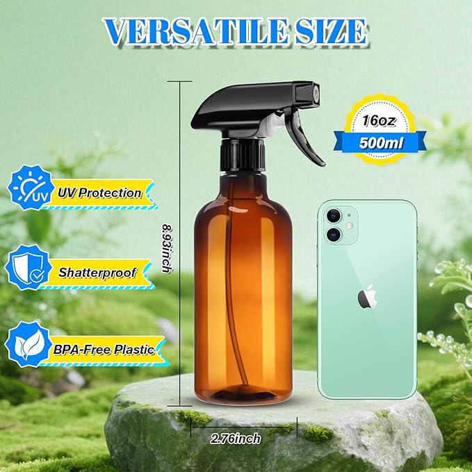 DIYSELF Spray Bottle for Cleaning Plastic Spray Bottles 16 oz 500ml Squirt Bottles for Liquids Amber Clear Spray Bottles for Cleaning Empty Plastic Spray Bottle for Home and Garden (4 Pack)
