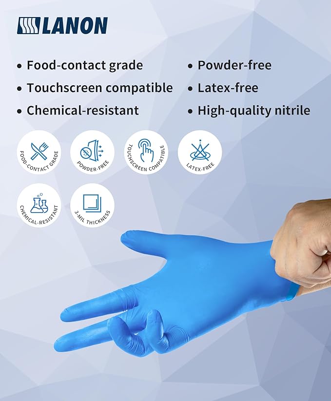 LANON Protection Disposable Nitrile Gloves, Silicone-Free, Food-Safe, Chemical Resistant, Powder-Free, Textured Fingertips, Cooking, Cleaning, Blue, Small