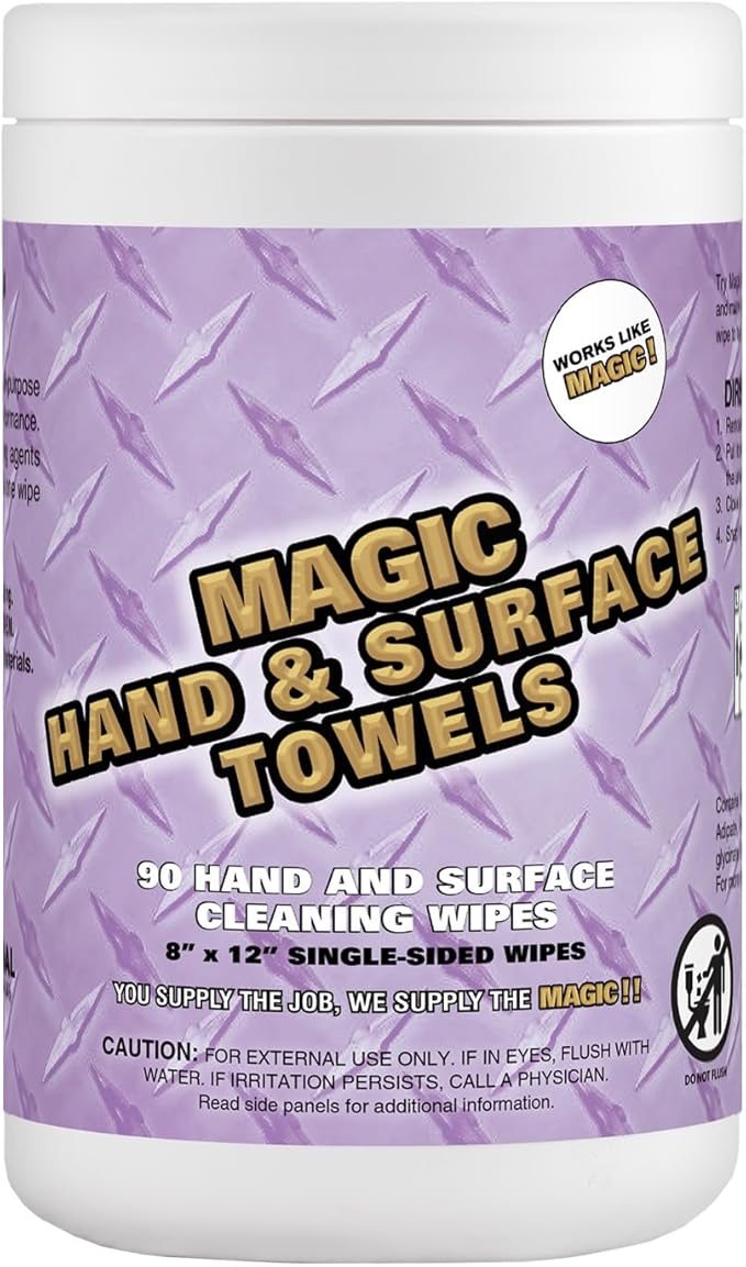 Magic Heavy Duty Cleaning Wipes - Single Sided Hand & Surface Shop Towels | Professional-grade Cleaning | Waterless | Moisturizing | Cleans Grease, Oil, Dirt, & more (1 Pack | 90 Sheets Total)